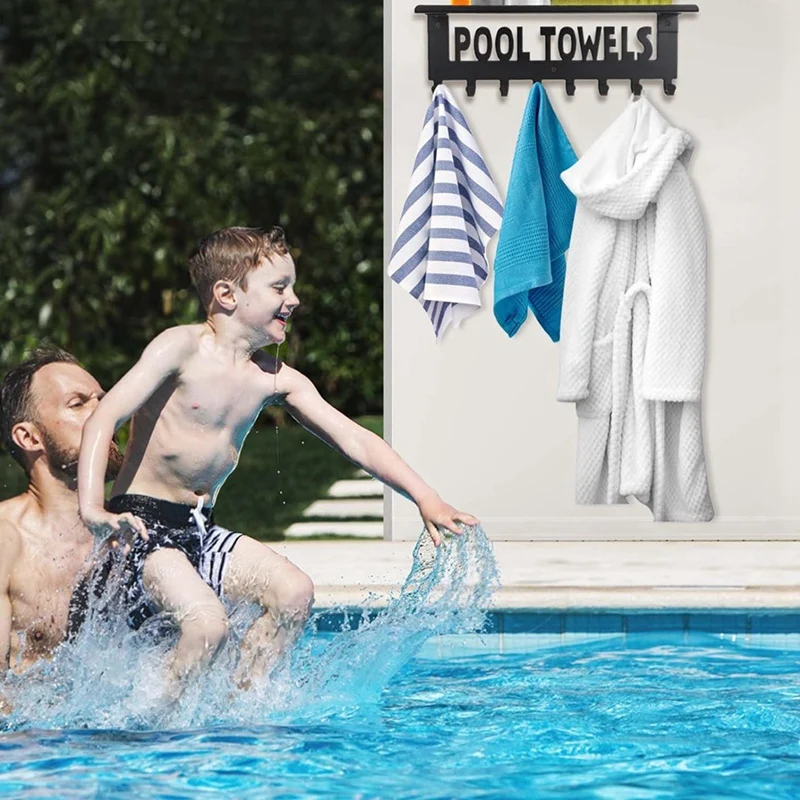 Pool Towel Racks With Shelf Outdoor Pool Decor Wall Mount Towel Hooks Towel Holder With 8 Hooks Towel Storage Hanger