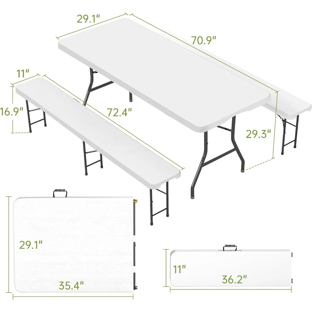 طاولة نزهة مقاس 6 بوصات مع مقعدين، و3 قطع طاولة تخييم قابلة للطي HDPE بيضاء اللون للفناء والحديقة