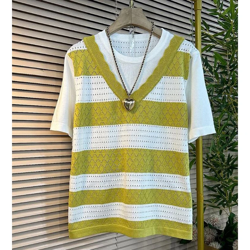 

Fashion O-Neck Hollow Out Fake Two Pieces Striped Blouses Female Clothing 2025 Summer New Loose Korean Knitted Tops Casual Shirt