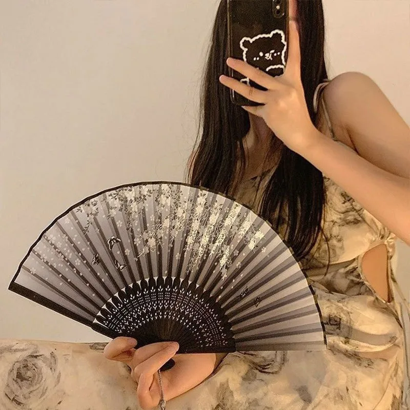 1pc Retro Ink Orchid Silk Folding Fan New Chinese Style Ancient Lotus Hand Fans Close Friend Gift Classic Hanfu Decorated Crafts