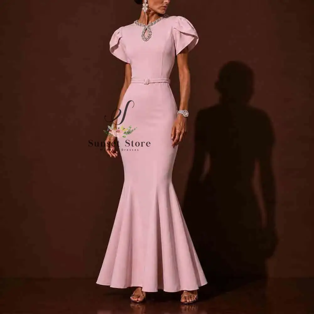 

Customized Pink Mermaid Prom Dress with Bloomed Sleeve O Neck Fit Evening Party Gown Beaded Detail Wedding Guest Outfit