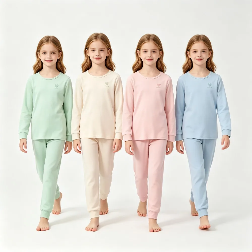 Winter Warm Thick Teenage Girls Pajama Set Soft Cotton Long Sleeve O‑Neck Home Suit Children Night Sleepwear For Big Girls