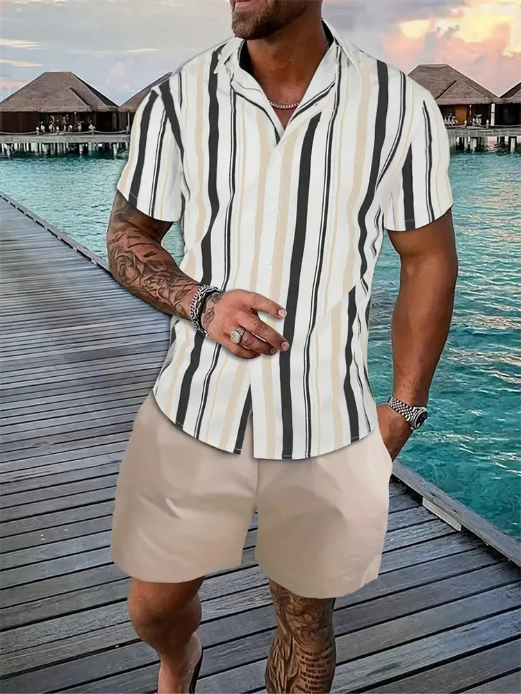 2024 New Summer Hawaiian Men\'s Vacation Casual Suit Classic Striped Printed Shirt Short Sleeve Shorts Suit Fashionable Mens Suit