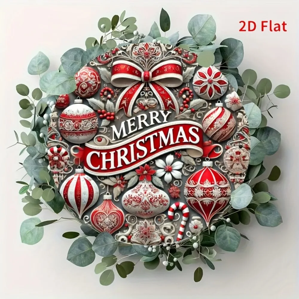 2D شقة 1PC عيد ميلاد سعيد جولة معدن القصدير علامة - مقاومة للخدش بالأشعة فوق البنفسجية، تصميم إكليل قصب الحلوى، ديكور عطلة داخلي في الهواء الطلق #1