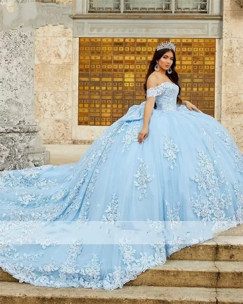 ANGELSBRIDEP Sky Blue Ball Gown Quinceanera Dresses Court Train Beaded Appliques Sweet 16 Dress Vestidos De 15 anos Corset China