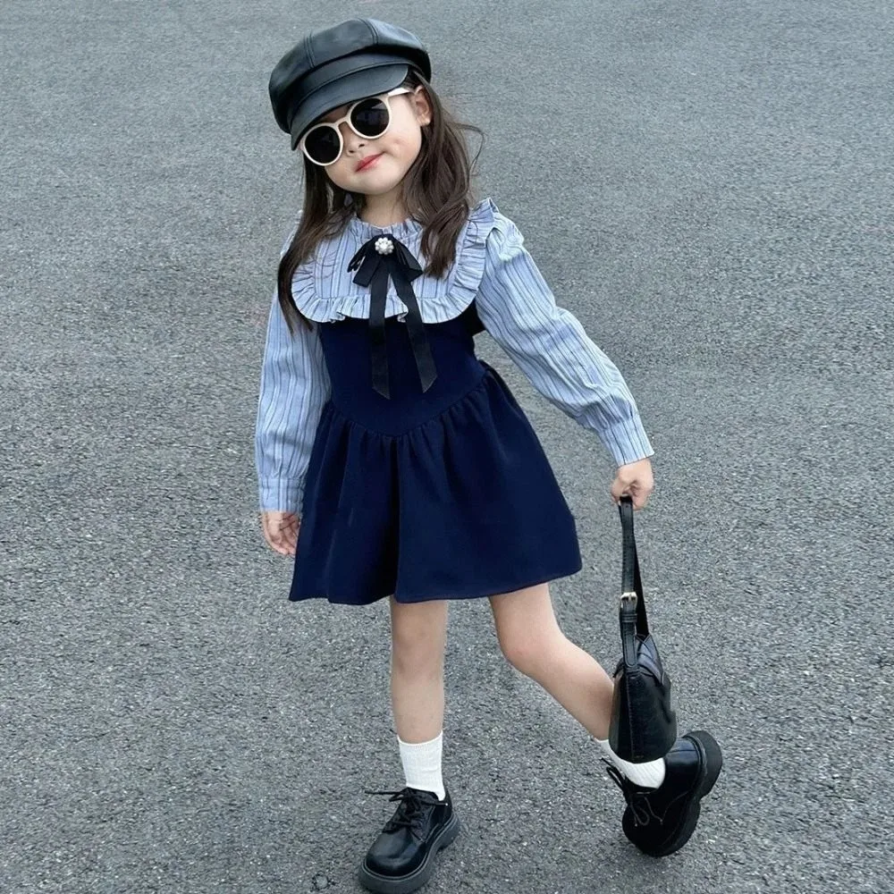 

Bowknot Girls' College Style Dress Pleated Loose Stripe Princes Dress Sweet Ballet Style Children Long Sleeved Dress Spring/Fall
