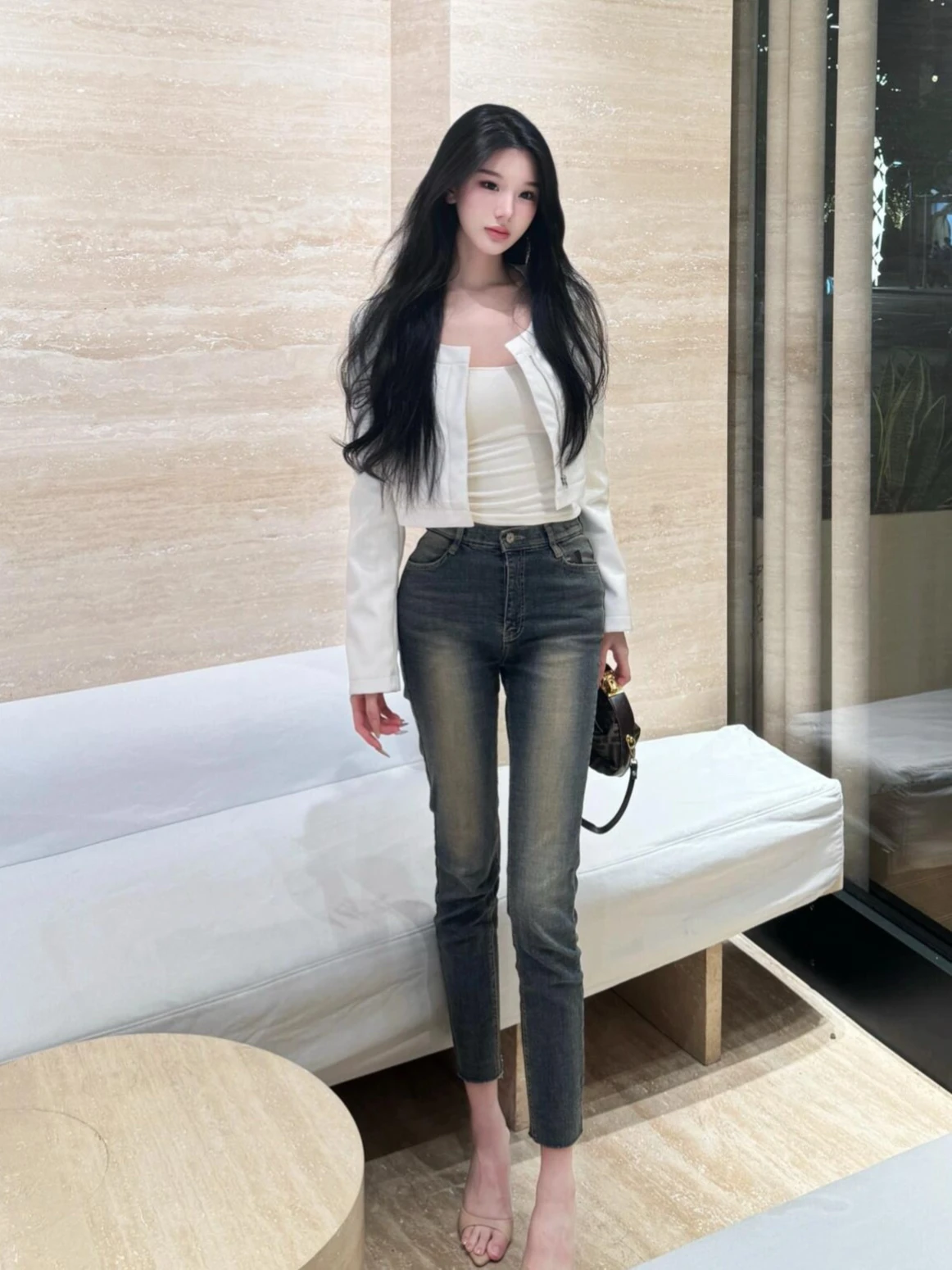 

Women's Fce Lined Thiened Slim Fit Jeans Casual High Waist Long Pants Denim Fabric Zipper Closure Wear Resistant