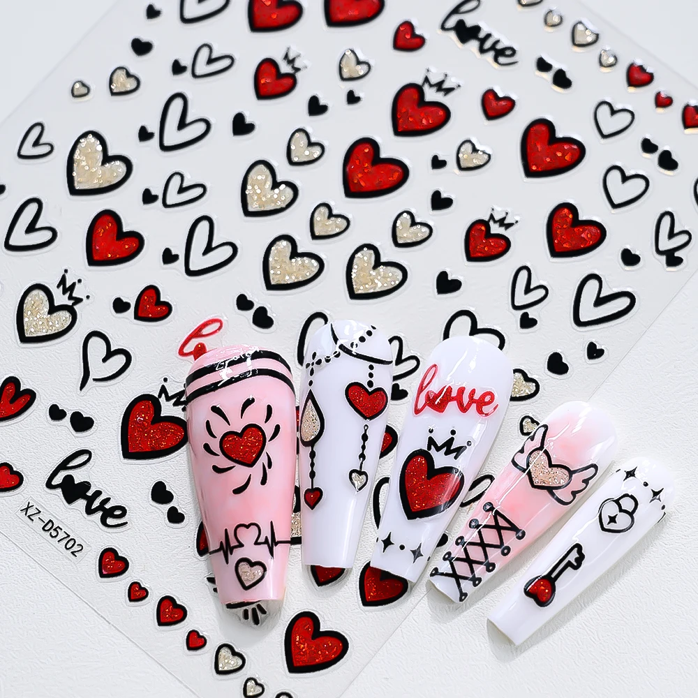 6 fogli di adesivi per nail art con glitter a forma di cuore d'amore 3D nero rosso abbinato con fiocco autoadesivo a forma di cuore fai da te cursore per unghie Y2K decorazione per unghie * #
