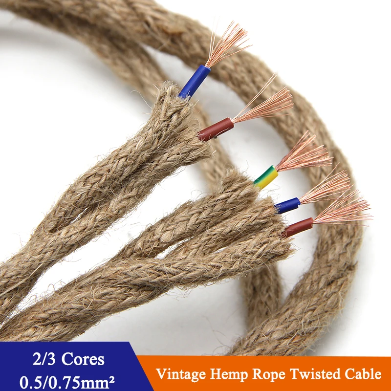 2/3 Core 18/20AWG Vintage Hemp Rope Lamp Cord Jute Rope Twisted Cable Flex Electric Wire For DIY Retro Light Bar Decor 300V