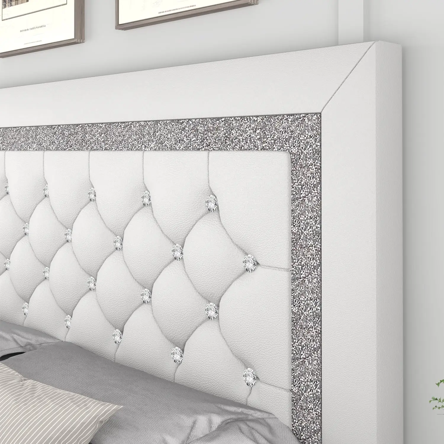 King Bed Frame, Faux Leather Platform Bed with Upholstered Diamond Headboard, Mattress Foundation with Strong, Customized view 6