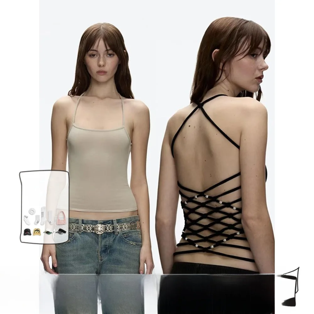 

Hand Knitted Bal Vest Tank Air Peach Bla Beaded Strap Design ort Top Women's Faion Summer Outerwear Pure Color