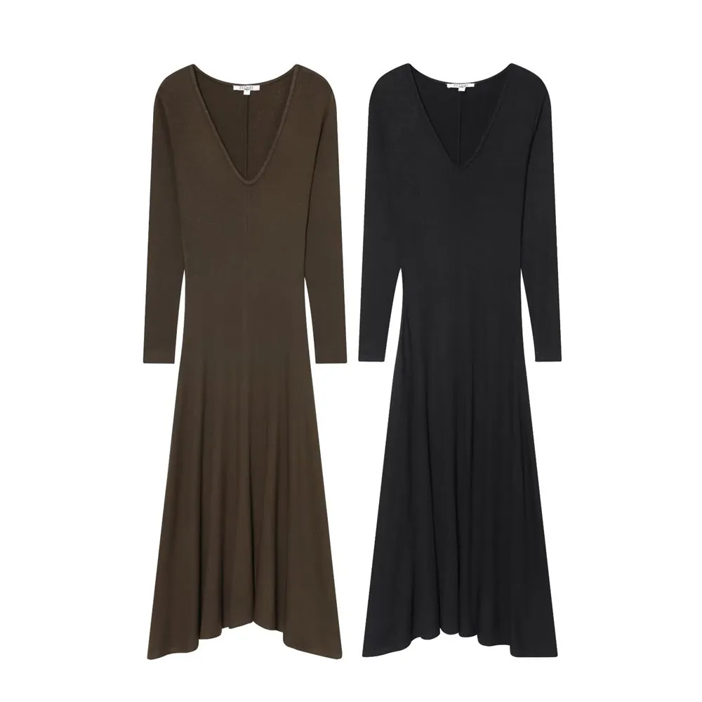 겨울 신상 여성 패션 심플 브이넥 롱 드레스