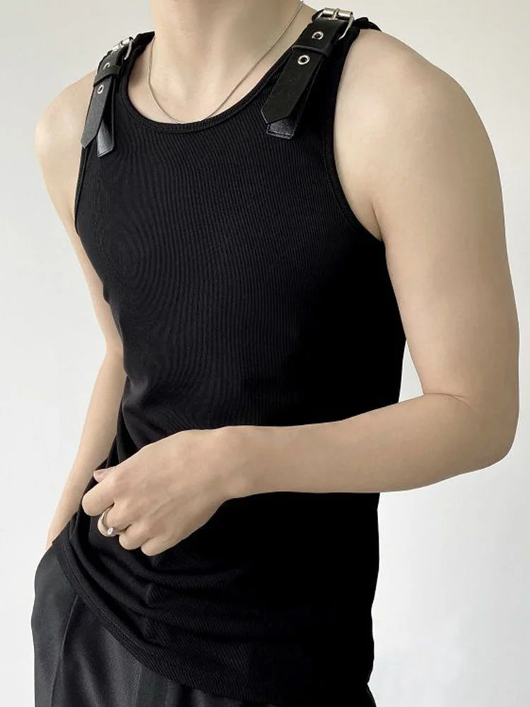 Leather Men's Shoulder Loop Vest Solid Color Personalized Design Korean Casual Knitted Sleeveless Summer Fashion 2A1289