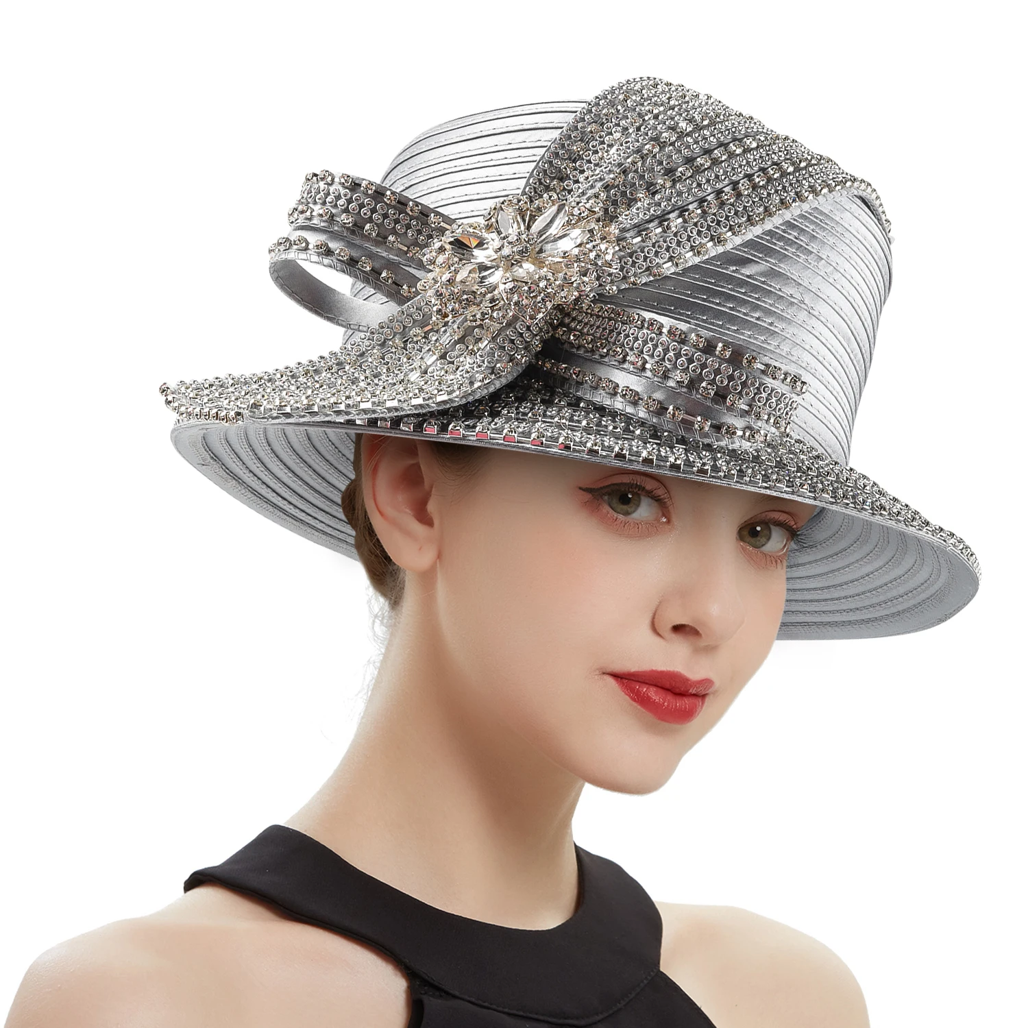 Fancy Silver Satin Cloth Church Hat Photography Hats Chains Fashion Formal Hat Flower Wedding Top Hat for Women Ladies Travel