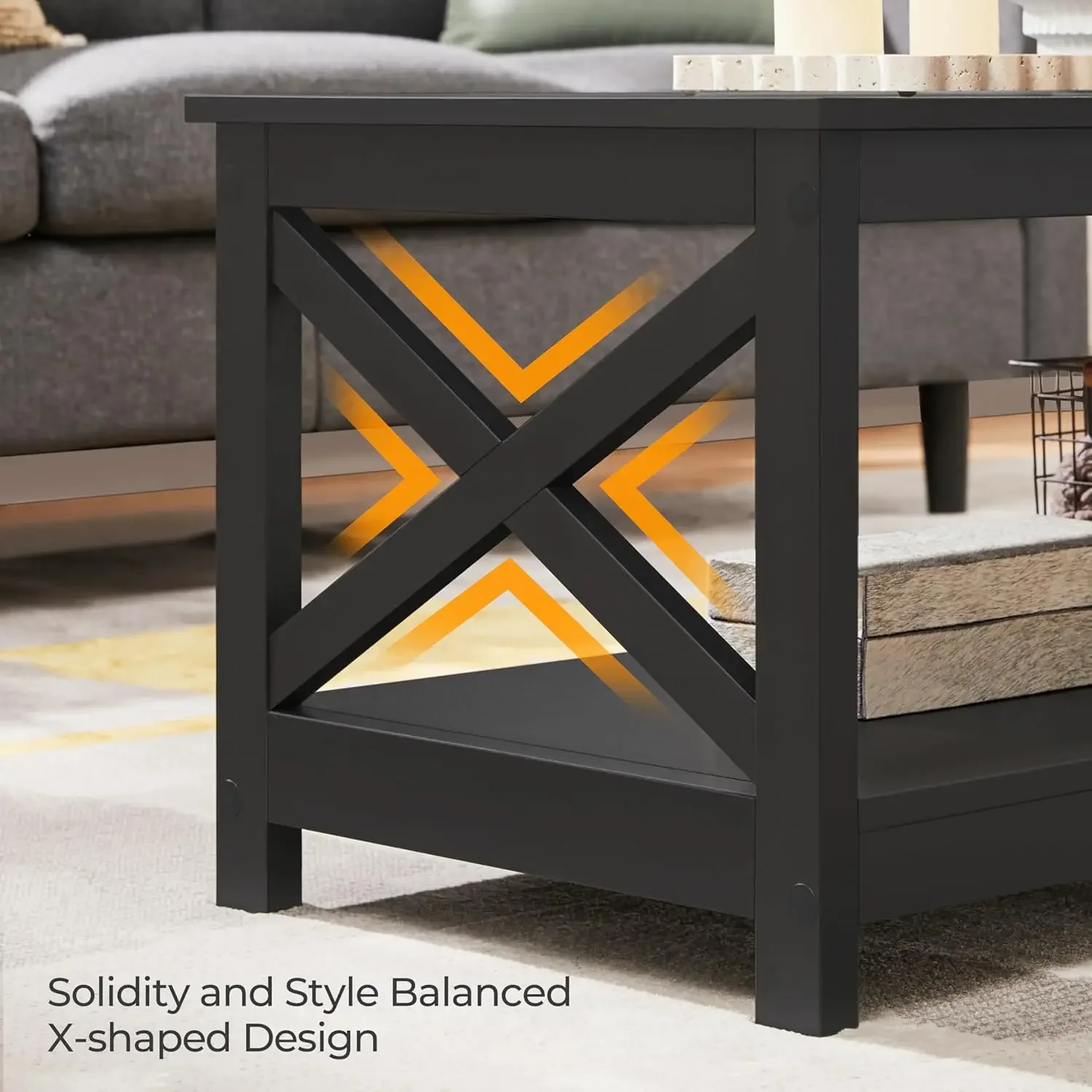 Wood 2-Tier Black Coffee Table with Storage Shelf for Living Room, X Design Accent Cocktail Table, Easy Assembly Home Furniture