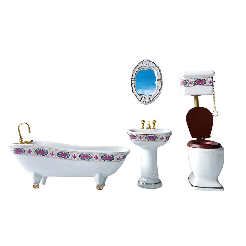 4Pcs 1/12 Dollhouse Miniature Accessories Mini Bathroom Set Bathtub Mirror Wash Basin Close Stool Model Doll House Decoration