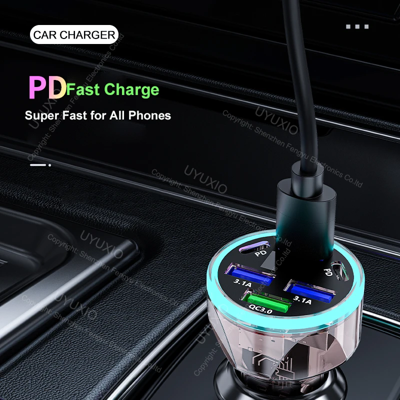 UYUXIO Multi Port USB C Car Phone Charger Adapter with Voltage Display Extend Port Super 6 in 1 Fast Charge for iPhone Samsung