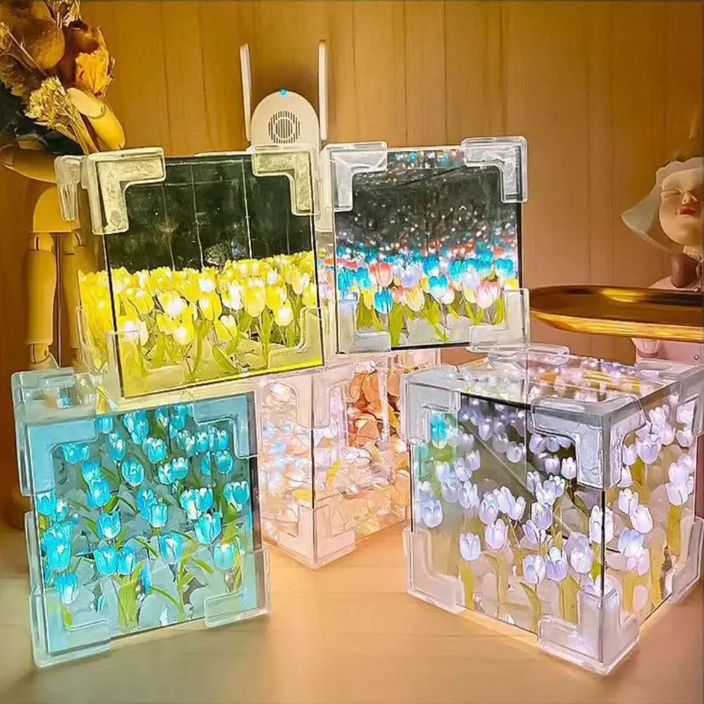 Excluding Gift Bags Tulip Night Light 21 Flowers Handmade DIY LED Decorative Nights Lamp Acrylic Magic Cube Mirror Light