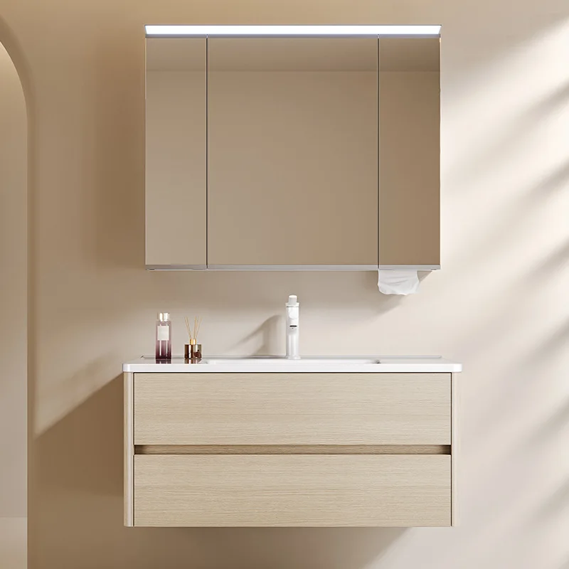 Solid Wood-style Multi-layer Solid Wood Bathroom Cabinet With Multifunctional Folding Mirror, Ceramic Integrated Basin, Double D