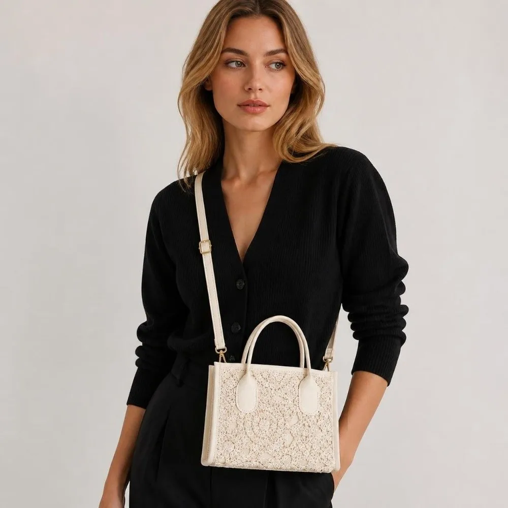 Removable Shoulder Strap Tote Bag Floral Crochet Hollow Lace Hollow Lace Handbag Large Capacity Lightweight Crossbody Bag Women