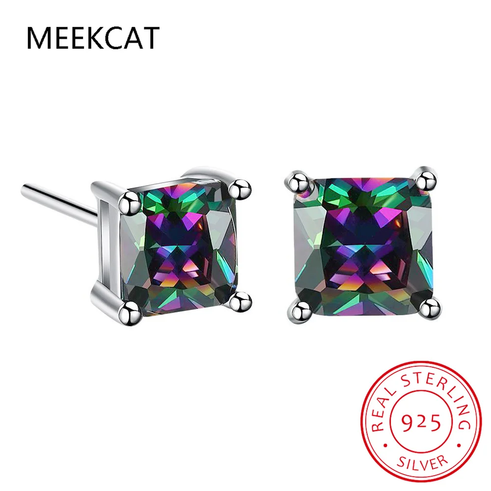 Pendientes tipo botón de plata fina 925 con cuarzo místico arcoíris auténtico cuadrado de corte princesa, joyería de piedras preciosas llamativa a la moda para mujer