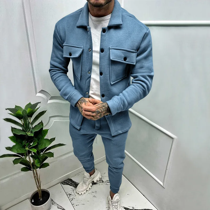 2024Spring and Autumn Men\'s New Casual Jacket Suits Hot Sale Solid Color Suede Pocket Long Sleeve Trousers Two-Piece Set