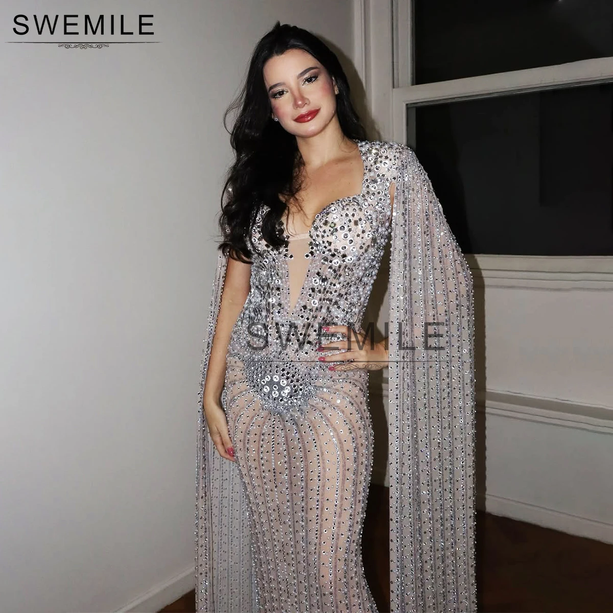

SWEMILE Luxury Crystal Cape Sleeves Prom Dress Sexy Black Girl Mermaid Evening Wedding Party Gown Special Occasion Vestidos 2025
