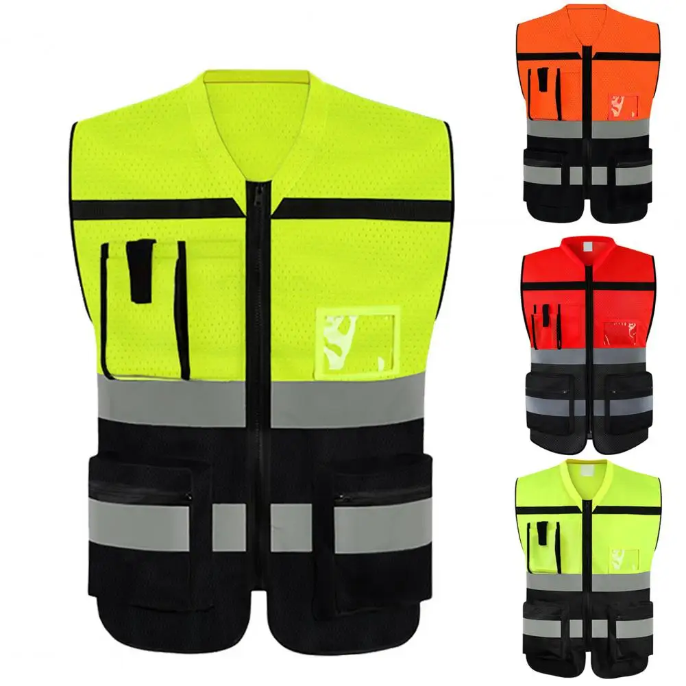 Worker Visibility Gear High-visibility Reflective Vest with Multi Pockets Design Clear Id Pocket Men\'s V-neck for Safety