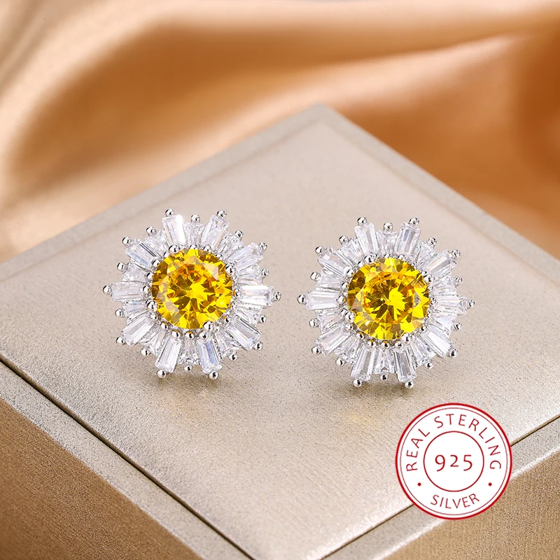 Exquisite 925 Silver Plated Earrings for Women Shiny Yellow Zircon Earrings High Quality Party Jewelry Zircon Jewelry