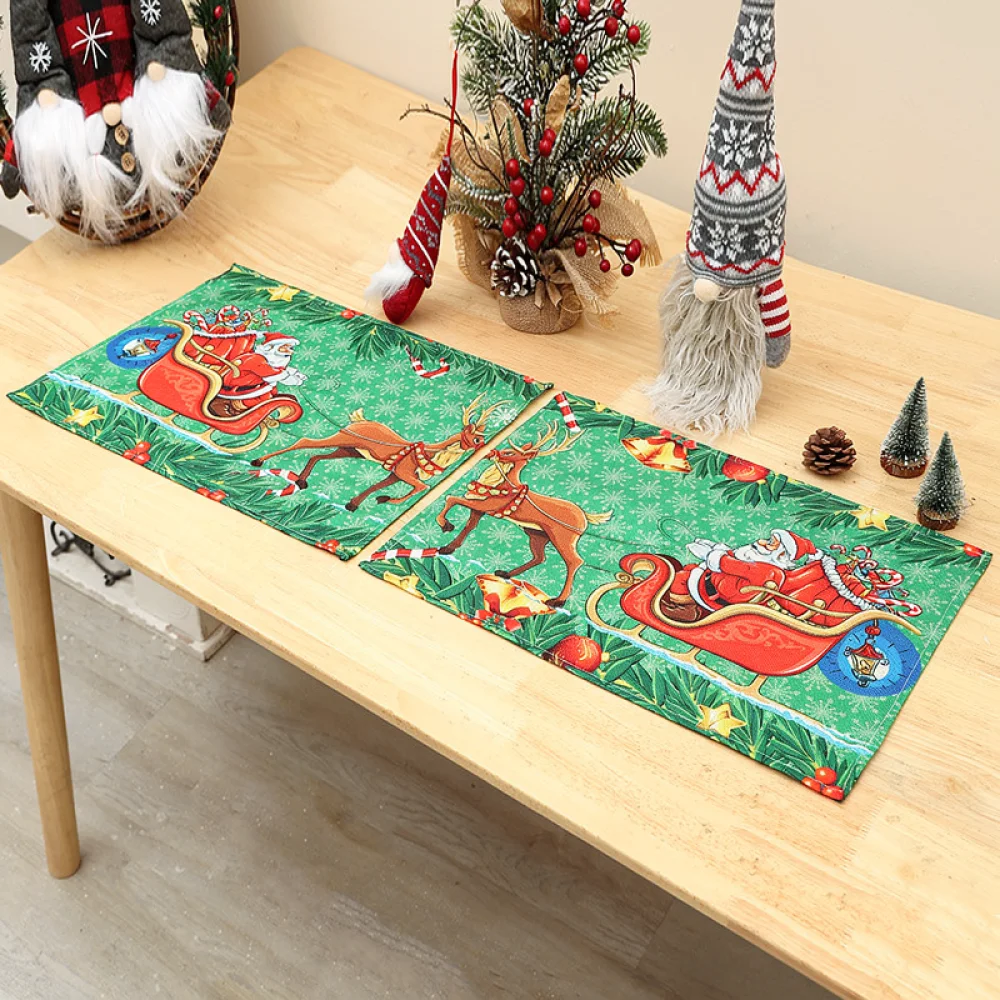 Christmas Theme Placemat Linen Fabric Dining Table Mat Cartoon Santa Snowman Print Holiday Party Home Kitchen Decor