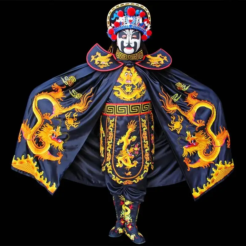 Traje Tradicional Chino de la Ópera de Sichuan para Cambio de Caras, Conjunto Completo con Bordado de Dragón Negro y Dorado, con Tocado, Botas y Abanico