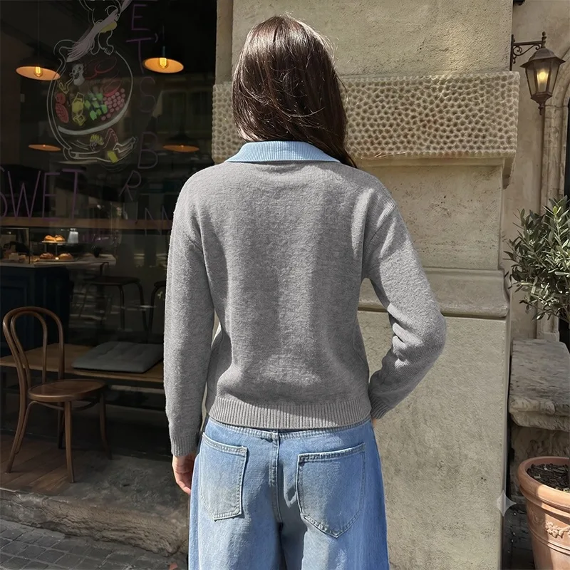 MsChuh Women's Sweaters And Pullovers Contrast Collar Knit Sweater Long Sleeve Loose Cropped Ropa Mujer Chic Casual Daily Outfit
