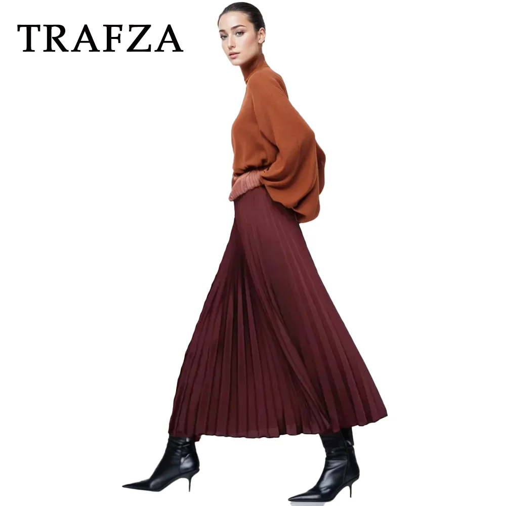 TRAFZA 2024 Spring Summer Casual Folds Long Skirts Fashion Vintage Solid Satin Oversized High Waist Chic Elegant Lady Skirts