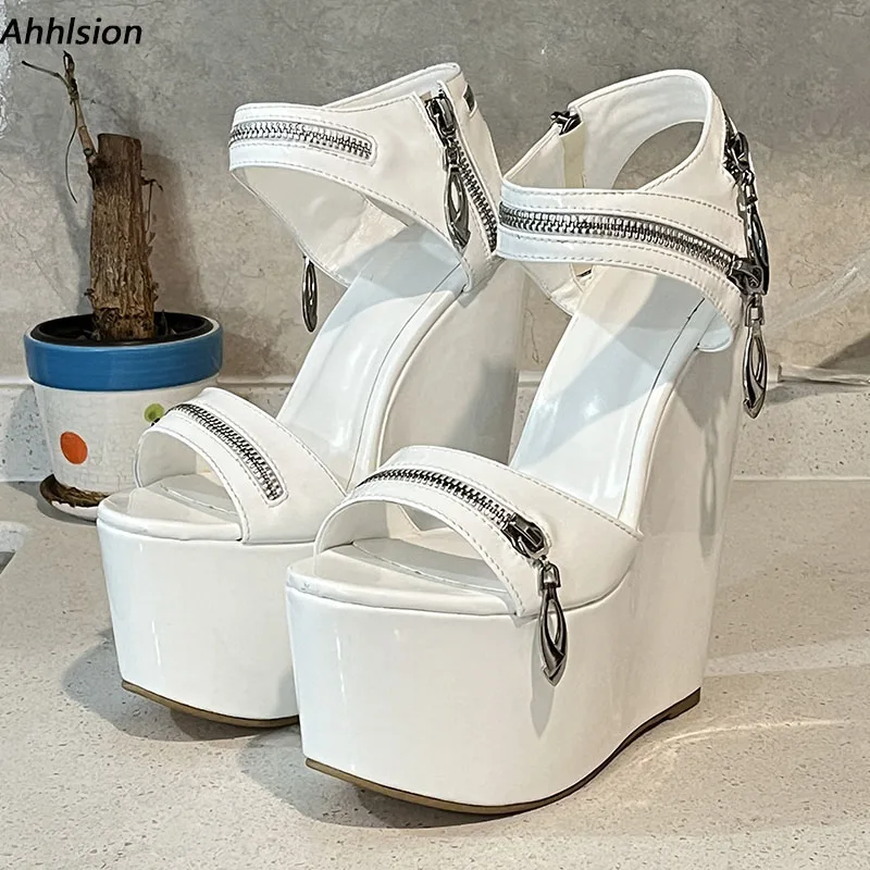 

Ahhlsion Handmade Women Summer Sandals Wedges High Heeled Round Toe Pretty White Party Shoes Ladies US Plus Size 4-15