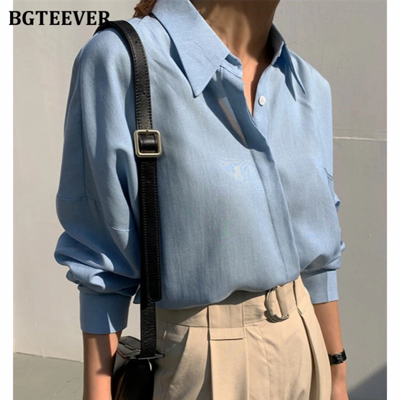 BGTEEVER Elegant Turn-down Collar Ladies Cotton Shirts Tops Summer Autumn Long Sleeve Loose Pocket Women Blouses