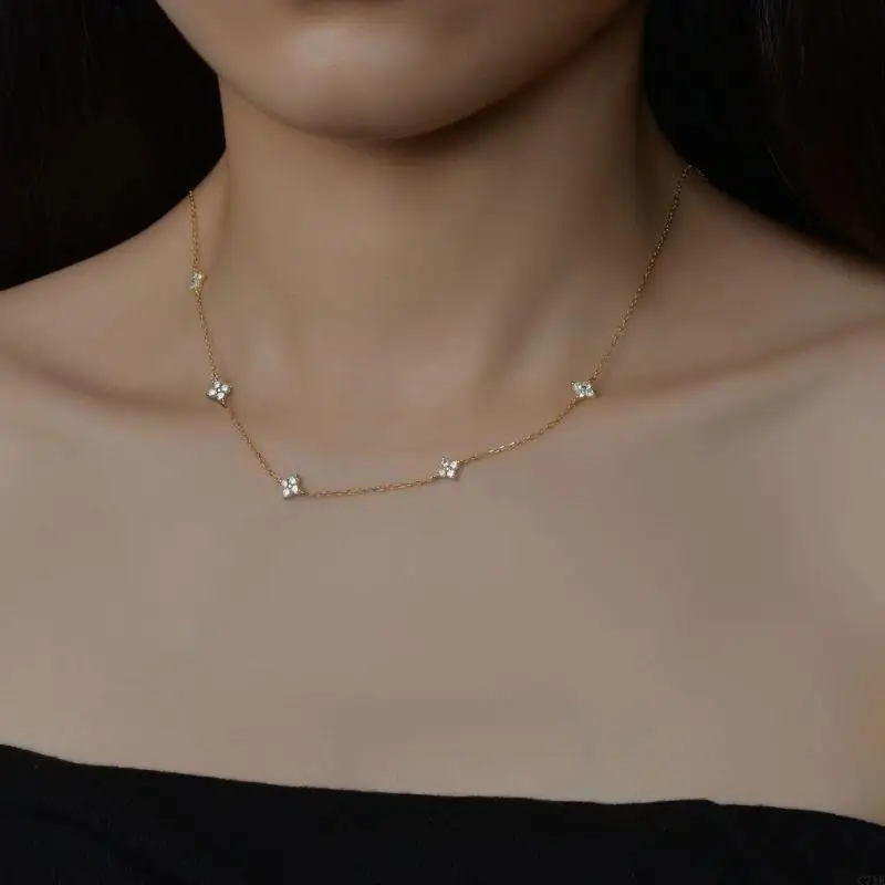  Delicate Charm Design Brass Necklace 14K Gold Plated with Zirconia Accent