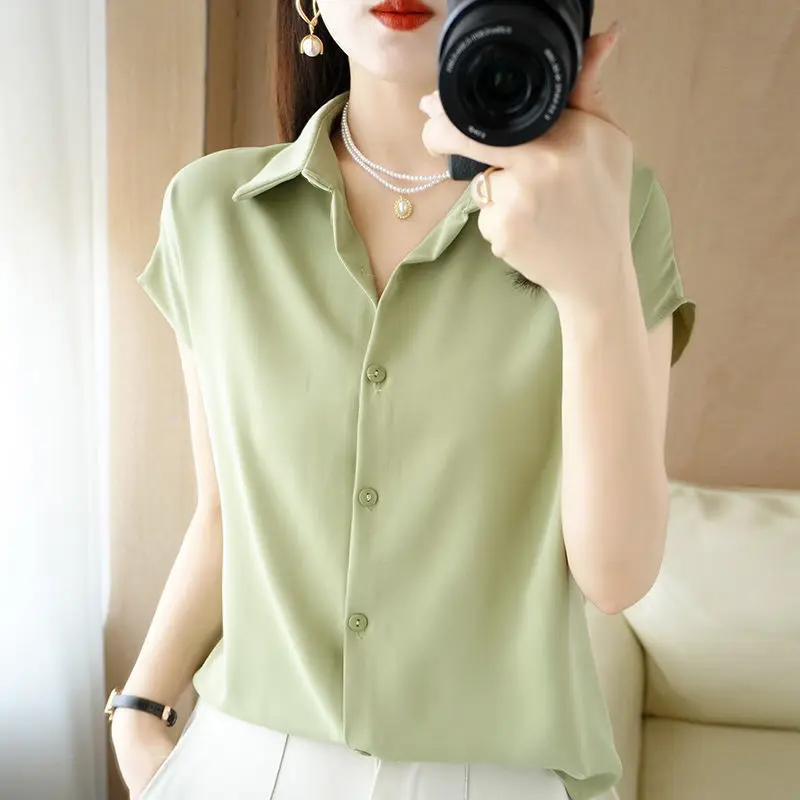 Temperament Sleeveless Blouse Summer New Polo Neck Loose Solid Color All-match Button Shirt Tops Fashion Elegant Women Clothing