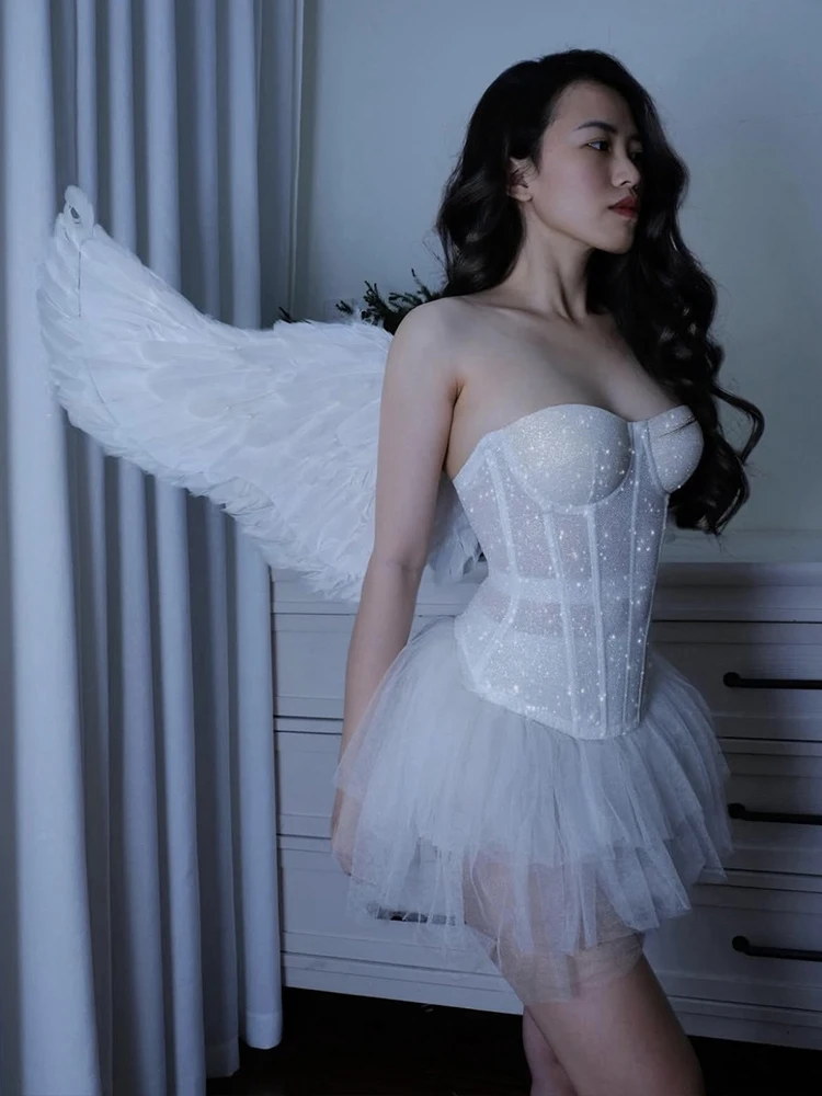 

Cutenew Princess Trend Шикарный комплект из 2 предметов Женский блестящий корсет без бретелек + многослойная тюлевая пышная юбка Сексуальная праздничная одежда на День святого Валентина