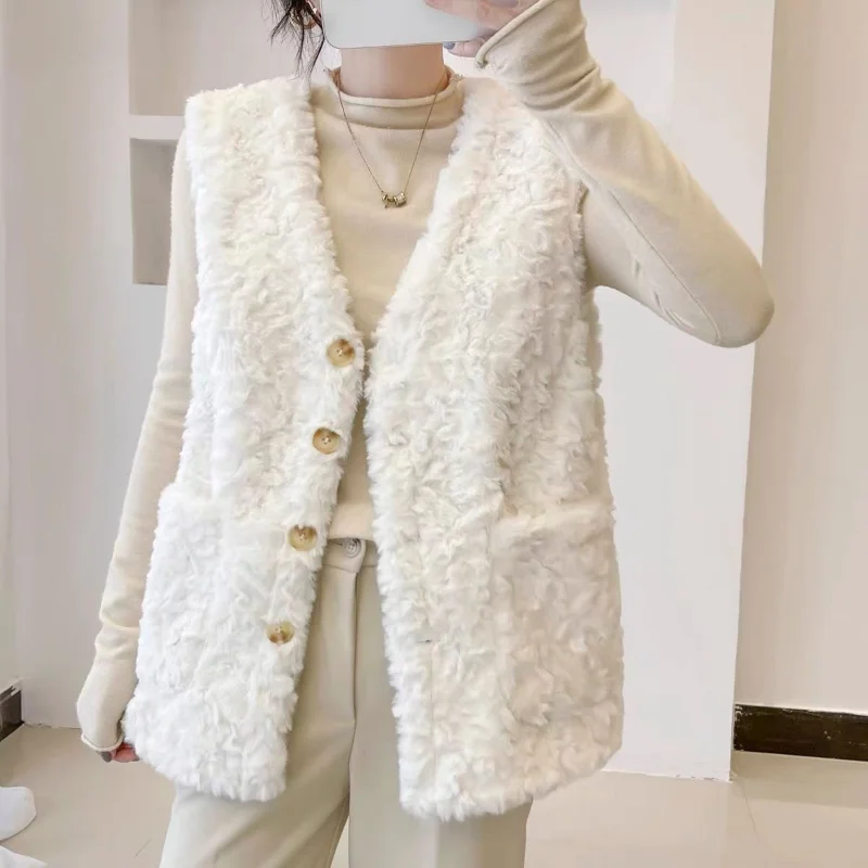 2024 Autumn Winter Korean V-neck Casual Elegant Women Clothing Loose Warm and Simplicity Sleeveless Buttons Up Cotton Jacket