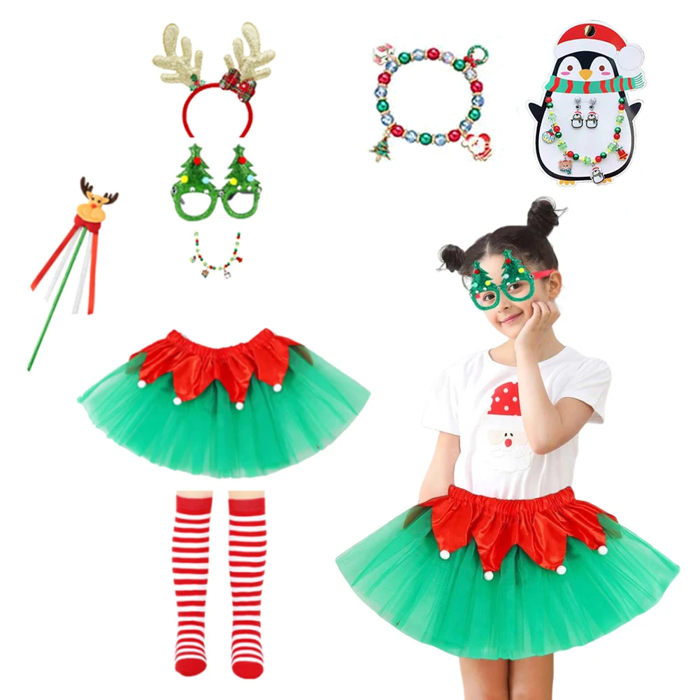 Natale Bambino Bambini Costume Cosplay Ragazza Tutu Gonna Abiti da festa Gioco di ruolo Festival di Natale Bracciale Occhiali Calzino Gonna Abiti