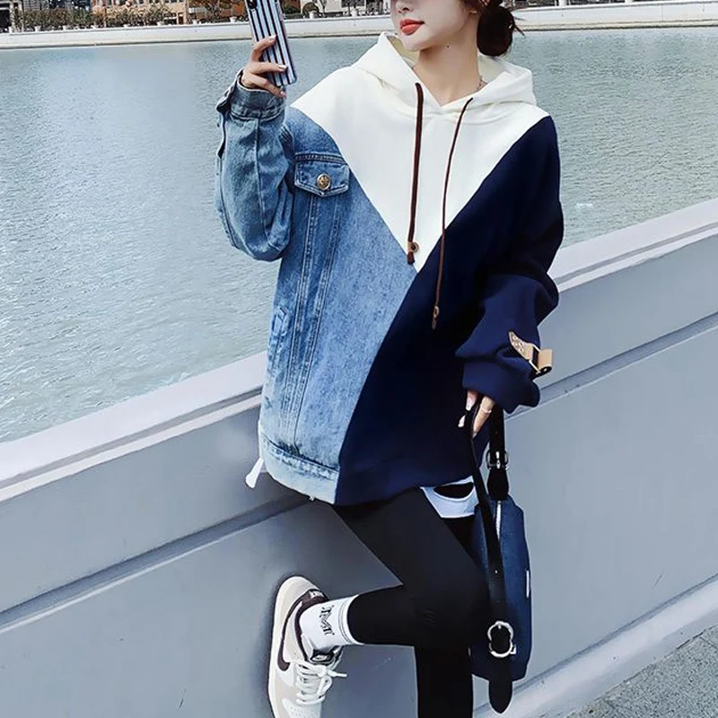 Spring Autumn New Contrast Color Patchwork Hoodies Women High Street Long Sleeve Loose Pullovers Korean Style Mid-length Tops