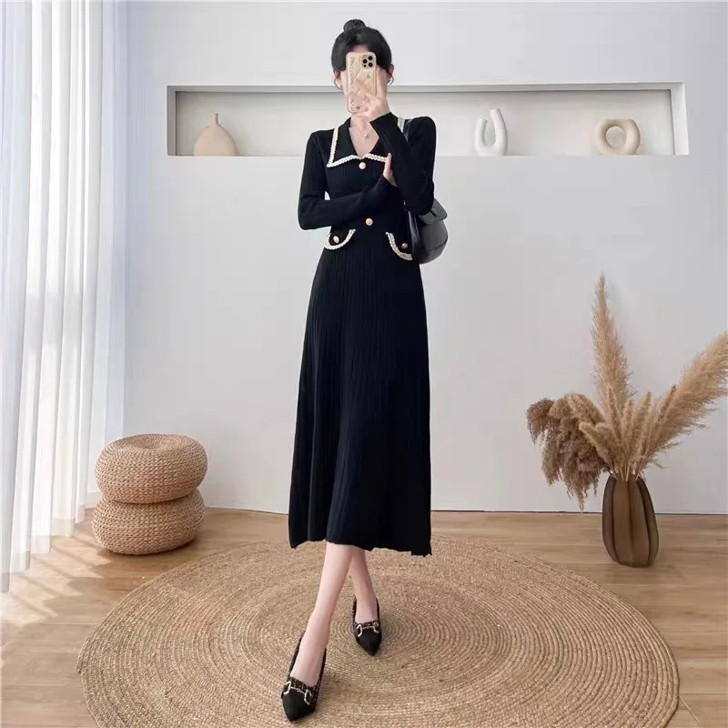 

Collar Slimming Knitted Dress for Women's Autumn and Winter New High Waisted Base Medium Long Hair Dress