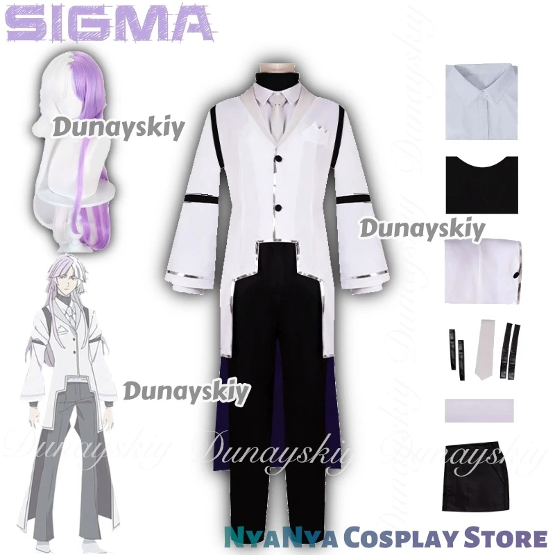 Anime Sigma Cosplay Sky Casino Manager con la peluca blanca y morada con parte superior blanca Cosplay rsiTodo el conjunto
