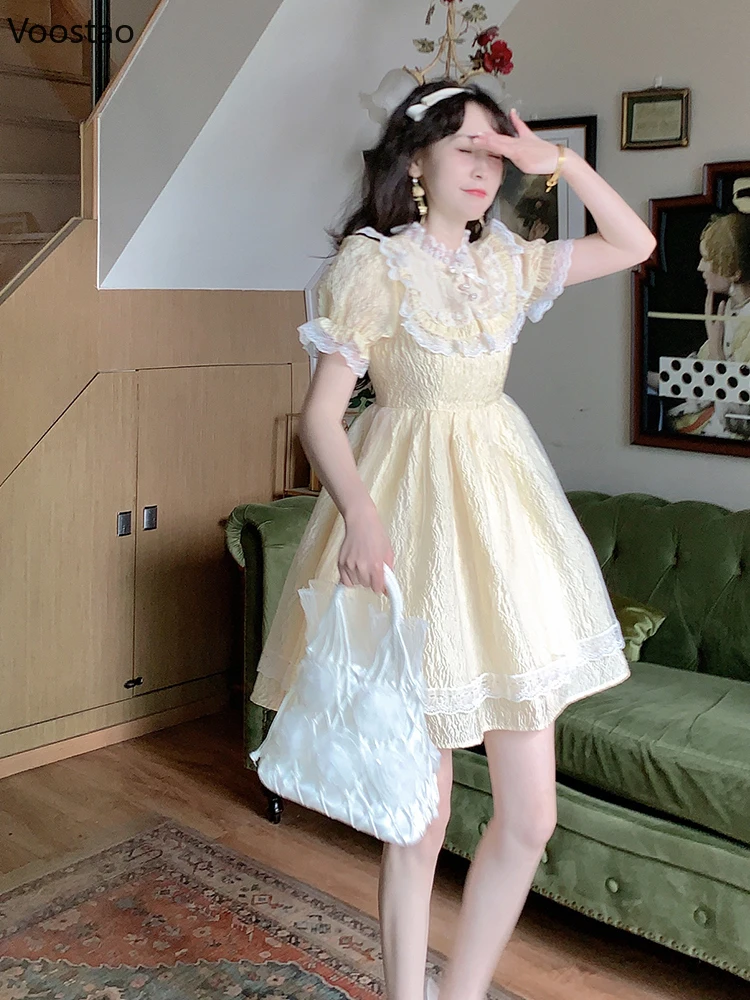 Summer Sweet Lolita Style Princess Dress Women Elegant Chic Puff Sleeve Lace Ruffles Kawaii Mini Dresses Korean Girly Vestidos