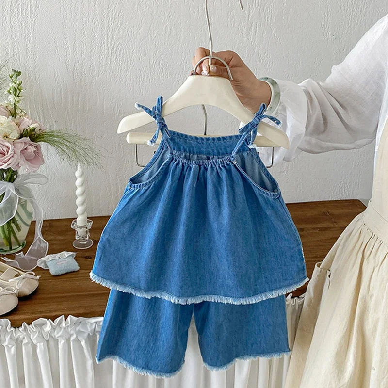 2026 New Summer Toddler Baby Girls Clothing Set Sleeveless Denim Embroidered Vest+Pants 0-3Yrs Children Clothes Suit