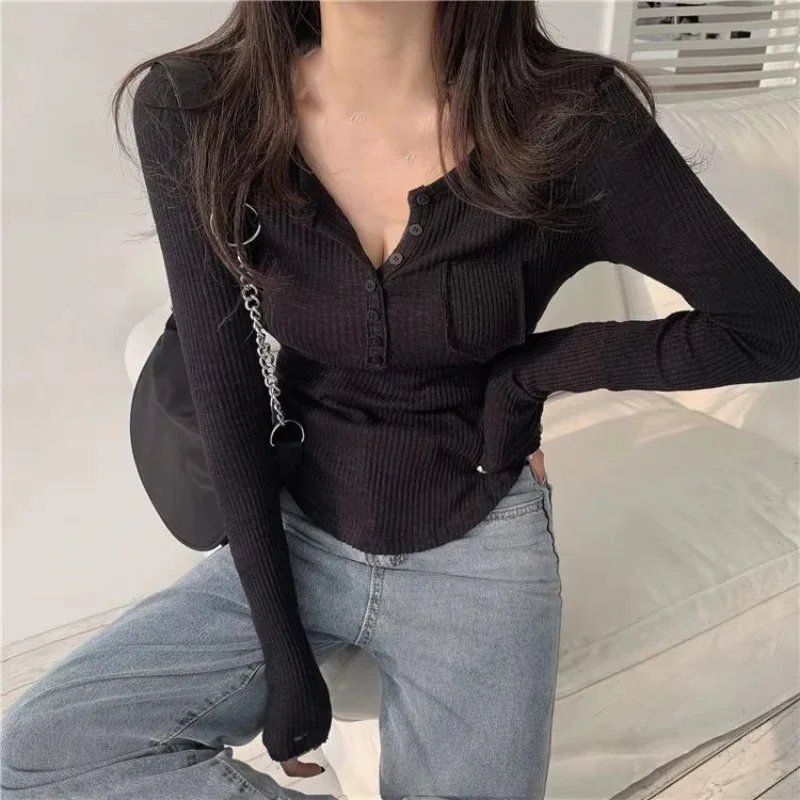 أنيقة طويلة الأكمام فريدة من نوعها عارضة تي شيرت أوائل الخريف حار الفتيات جديد سليم الأعلى الإناث الحلو متماسكة كل مباراة كوريا القمصان #5