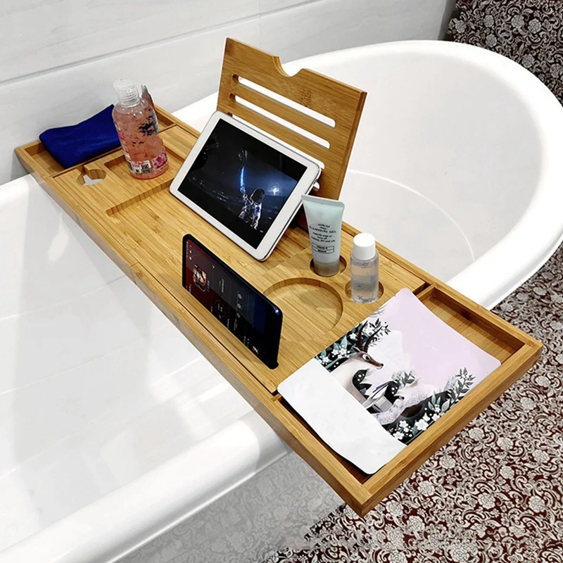 Bamboo Bathtub Caddy Tray For Tub,Adjustable Bathroom Bathtub Organizer With Book Tablet Wine Glass Cup Towel Holder