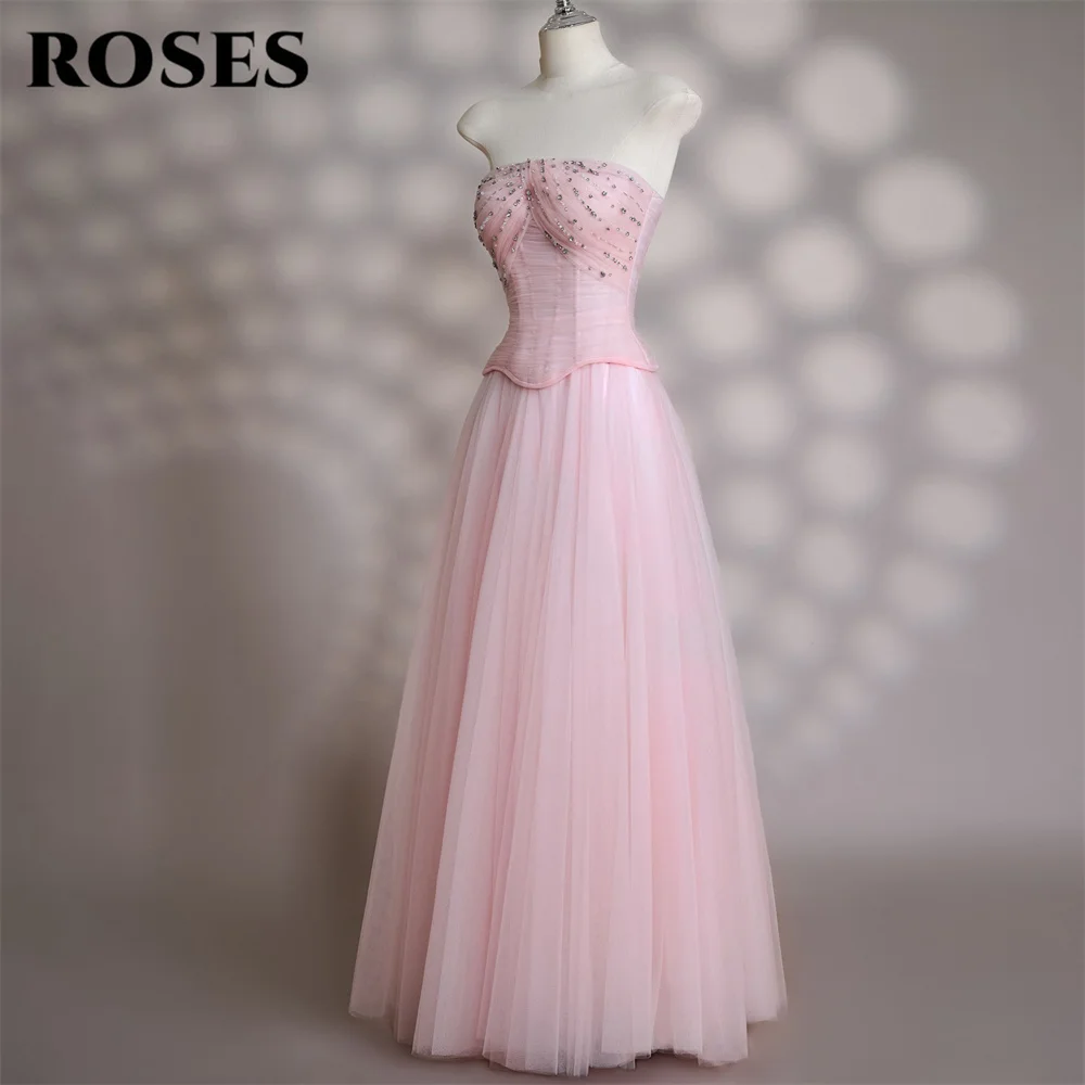 ROSES Pink Tulle Party Dresses Strapless Sleeveless Evening Dresses Beading On Chest Prom Gown A Line فساتين سهره Customized
