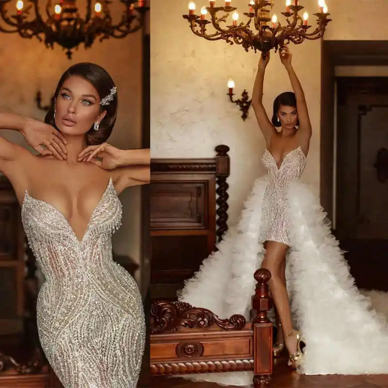 

Sequined V Neck Mermaid Wedding Dress With Puffy Train Women Luxury Bride Dresses Sleeveless Above Knee Length Lace Bridal Gown