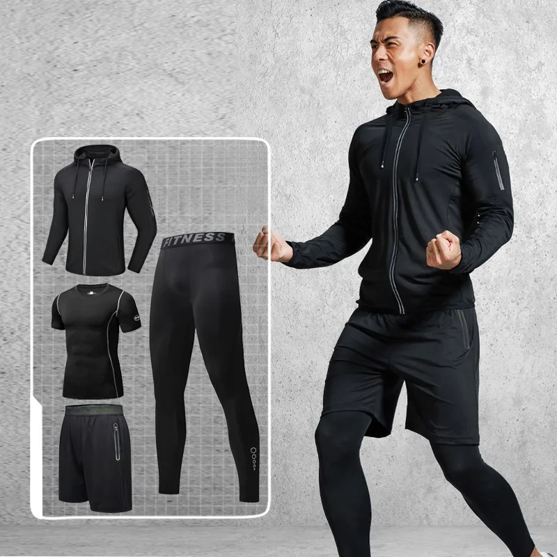 

4 Pcs Men's Quick Dry Sportswear Set Running Tight Pants Breathable Gym Training Workout Base Layer Fitness Ensemble Outfit